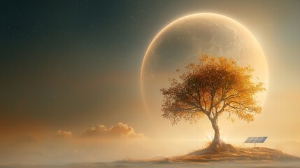 Fototapeta premium Mysterious tree under a celestial body serene landscape digital artwork tranquil atmosphere surreal concept