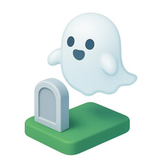 A friendly cartoon ghost floats near a simple tombstone on green ground.