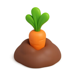 Cartoon carrot emerging from a stylized pile of brown dirt against a white background.