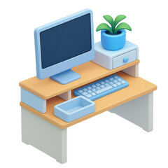A stylized cartoon illustration of a desk with a computer, keyboard, planter, and storage box.