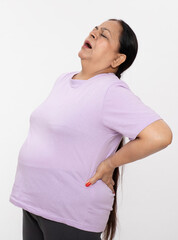 Indian senior woman back pain on white