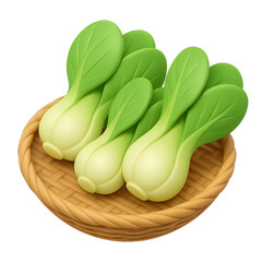 Three heads of bok choy in a woven basket, isolated on a white background.