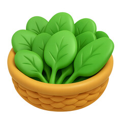A vibrant illustration of a woven basket overflowing with fresh green spinach leaves.