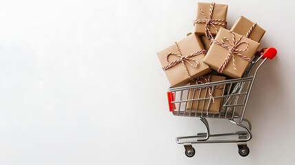 Shopping cart filled with kraft-wrapped gift boxes on white background