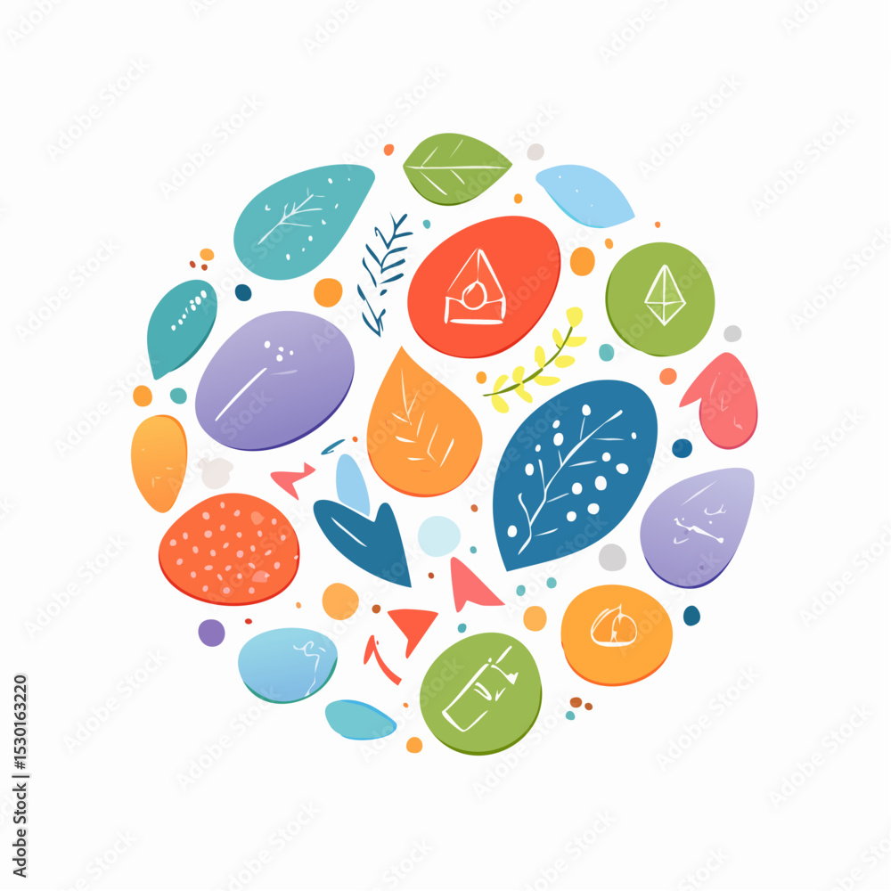 Poster vector of abstract blob shapes with playful arrows and tiny icons, spaced evenly on white.