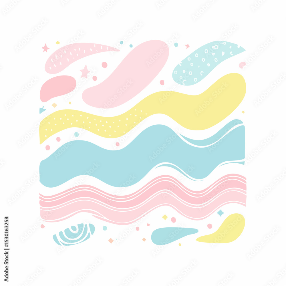 Aufkleber vector of wavy blobs, pastel highlight shapes, and decorative tape strips in a trendy layout on whit