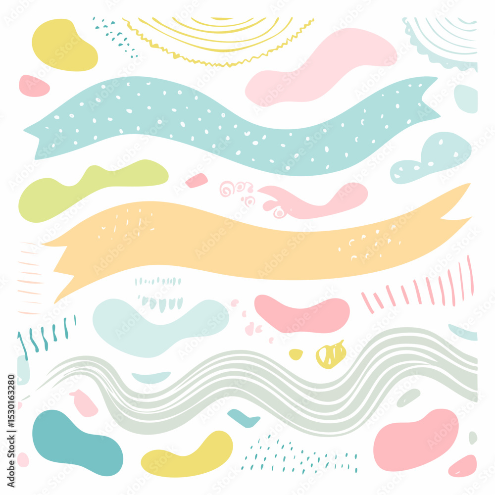 Poster vector of wavy blobs, pastel highlight shapes, and decorative tape strips in a trendy layout on whit