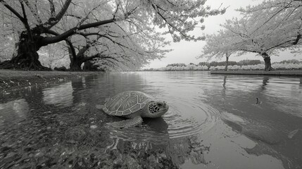 Sea Turtle Swimming in Tranquil Waters Surrounded by Blossoming Trees