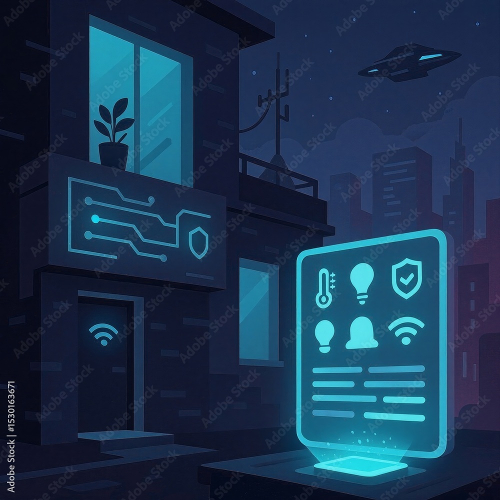 Poster holographic smart home interface with control icons. urban building in the background. future techno