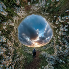 Penguin Walking Through a Floral Archway at Sunset