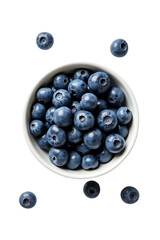 A bowl of fresh blueberries with some berries scattered around, white background,closeup,blue,berries