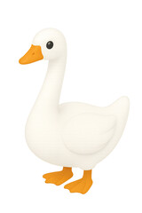 A charming, cartoonish depiction of a white duck with orange beak and feet, standing.
