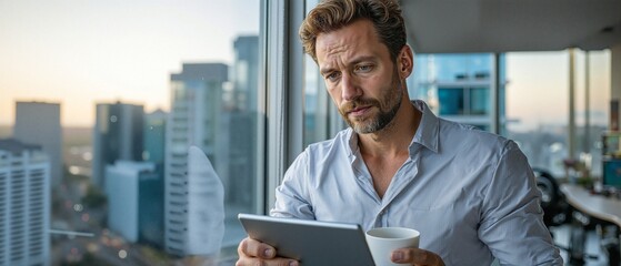 Professional Man Using Tablet and Enjoying Coffee in High-Rise Office