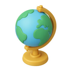 A simplified 3D model of a terrestrial globe, resting on a stand.