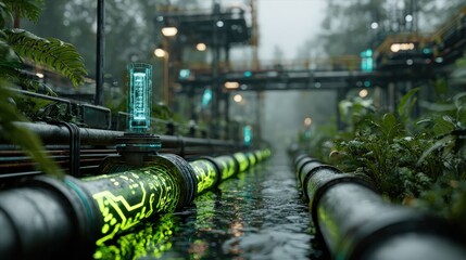 Futuristic Pipeline System with Renewable Energy Technology, Bioluminescent Glow, and Holographic Data in a Smart Eco-Industrial Facility.