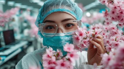 Female Scientist Surrounded by Cherry Blossoms in Laboratory