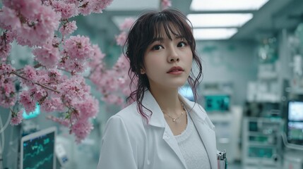 Young Woman in Laboratory Surrounded by Cherry Blossoms