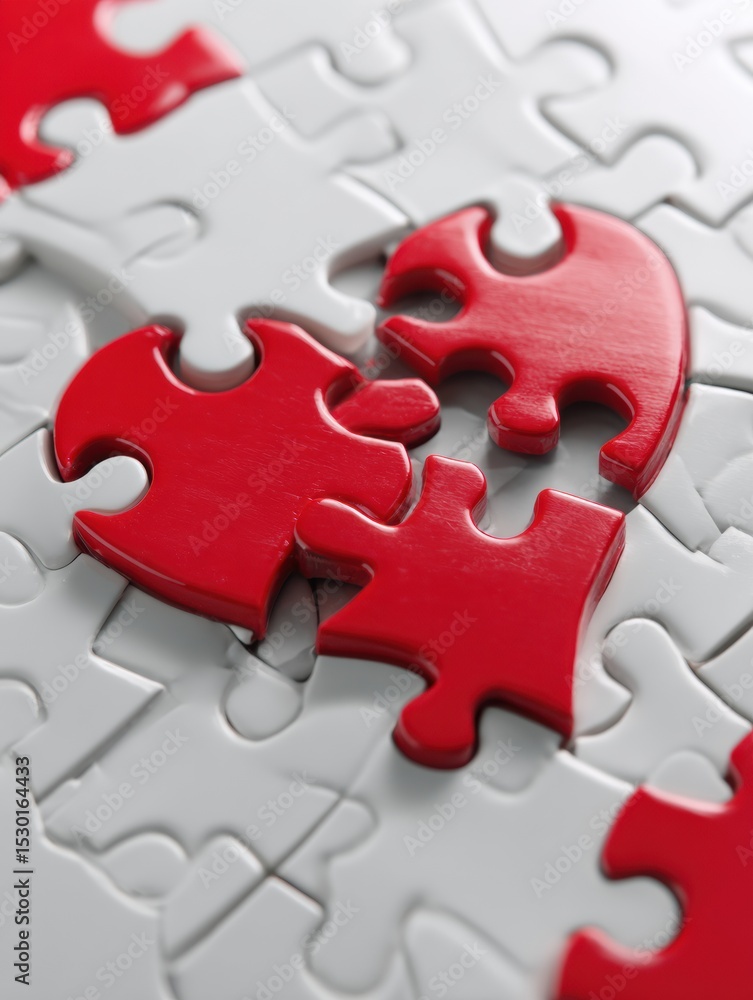 Poster puzzle pieces create heart shape with one missing piece, symbolizing love and connection in a though