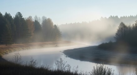 Fototapeta premium Misty River Landscape in Sunrise with Foggy Trees and Calm Water