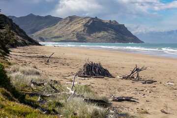 Driftwood structures stand on Kairakau Beach, Hawke's Bay, New Zealand. The driftwood was collected and arranged by beachgoers for artistic or recreational purposes. Mountains are in the background.