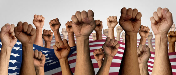 US Protest as American people protesting as upset angry protesters fists up in the air protesting as diverse community members in a social revolution or political protests crisis.
