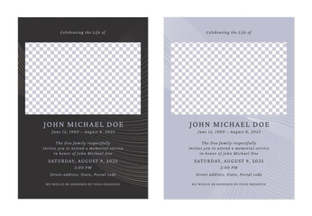 Minimalist funeral memorial service invitation templates in dark gray and light purple feature abstract lines and a rectangle placeholder for a photo. The overall tone is somber and respectful