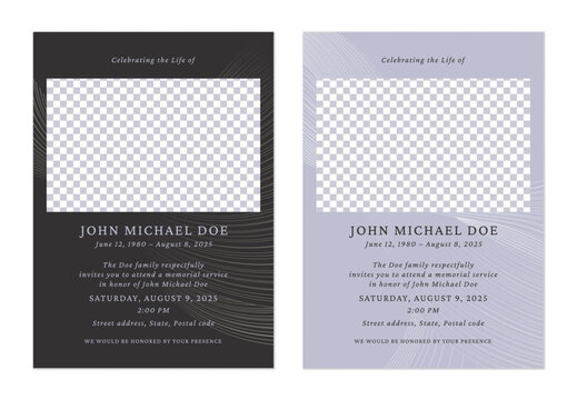 Minimalist funeral memorial service invitation templates in dark gray and light purple feature abstract lines and a rectangle placeholder for a photo. The overall tone is somber and respectful
