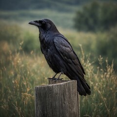 Naklejka premium Raven Perched on a Weathered Fence Post