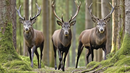 Naklejka premium Three majestic deer with large antlers standing in a lush green forest