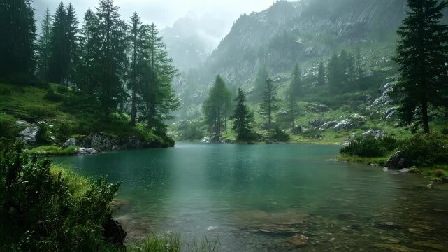 A picturesque mountain lake, where a person is being baptized in the midst of a gentle rain, reminding us of the cleansing power of Gods grace.