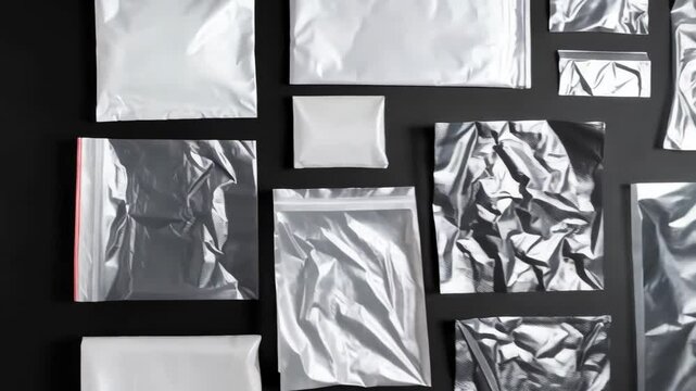 Various clear and white plastic bags lie flat on dark backdrop, some are sealed, unsealed, or have zipper and knot closures, top view.