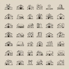 A set of 50 line icons depicting various types of barns, farm buildings, and rural structures
