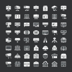 A set of 50 line icons depicting various types of security cameras, surveillance systems, and protection elements