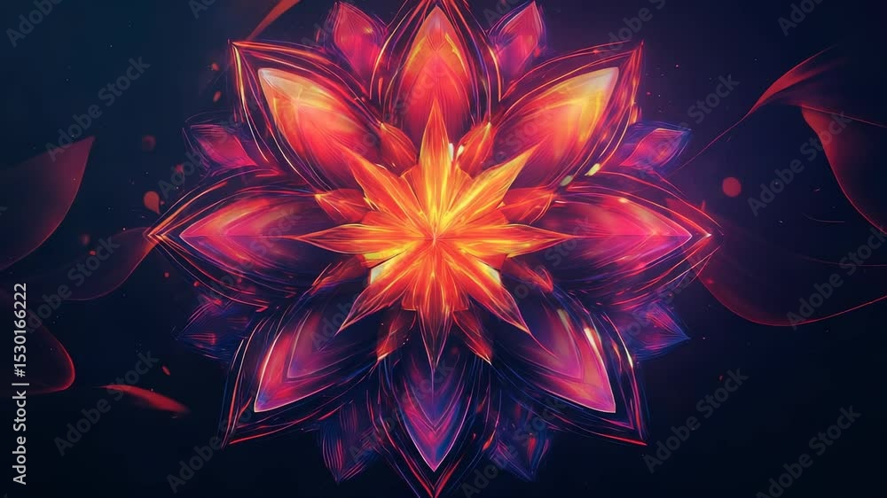 Poster glowing geometric flower animation with dynamic particles on a dark abstract background