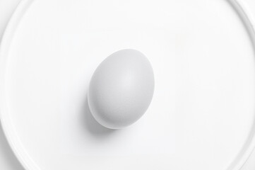 White egg on white ceramic plate. top view