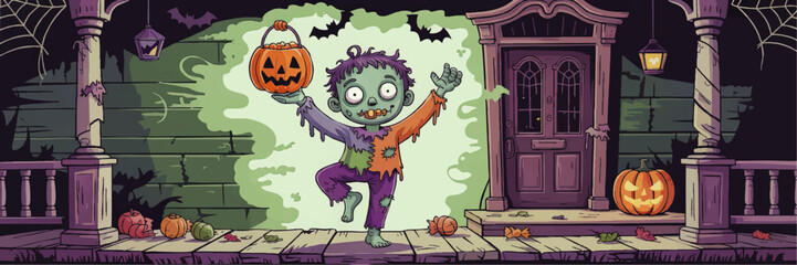 Cute Cartoon Zombie Kid Trick or Treating on Halloween Night, Spooky Porch With Pumpkins, Bats, and Glowing Jack O&rsquo; Lantern