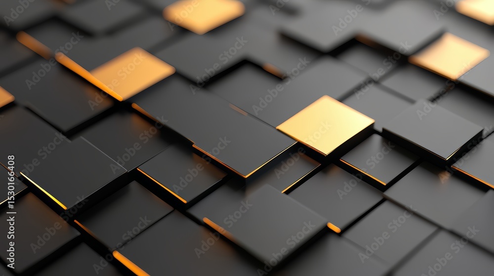 Aufkleber Black and gold patterned background with squares of different sizes. The squares are arranged in a way that creates a sense of depth and texture. Scene is modern and sophisticated