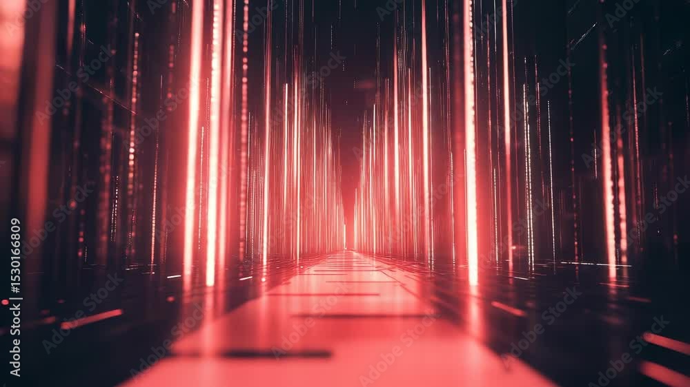 Poster digital data stream corridor with red glowing light effects and reflections