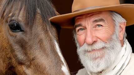 Elderly man with a white beard and hat smiling next to a horse's face