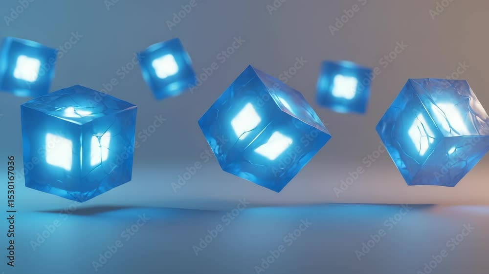 Poster floating luminous ice cubes: abstract 3d render with glowing centers for creative projects