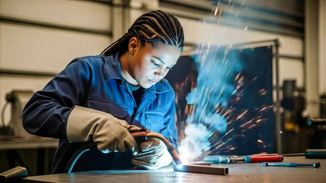 Skilled female welder is focused on metal fabrication, surrounded by tools and equipment, creating sparks in a vibrant workshop atmosphere