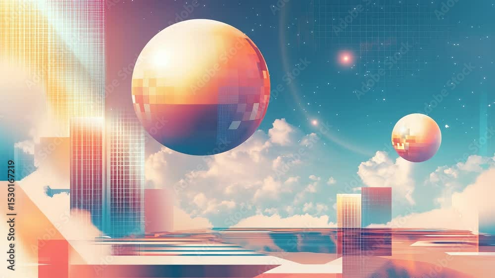 Poster abstract surreal cityscape with floating spheres and pastel gradients creating a dreamlike scene