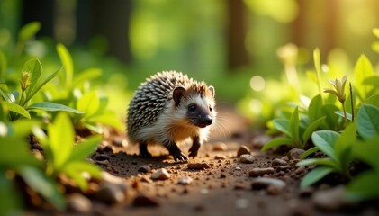 Hedgehog scurries along forest path, sunlight dappling fur, sun, forest path