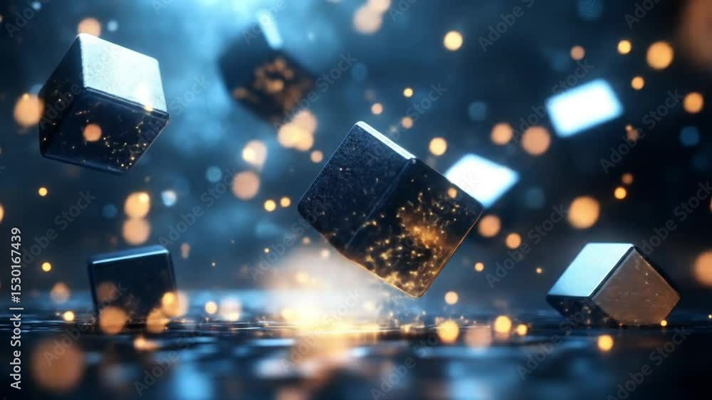 Poster abstract geometric cubes floating in dark space with glowing particles, concept