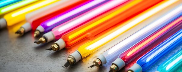 Colorful neon tubes arranged on a surface.
