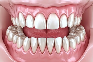 Obraz premium Close-up 3D render of a healthy human mouth, showcasing a full set of teeth and gums, with a slightly open mouth revealing the tongue