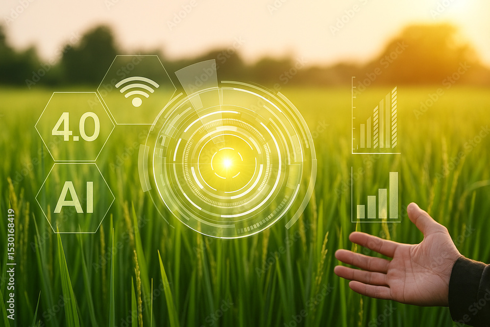 Poster ai generated image of a green crop field with futuristic hud overlay showing ai iot connectivity and