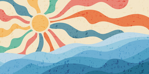 Abstract stylization of sea and sun, vintage colors and texture, vector drawing, cartoon illustration
