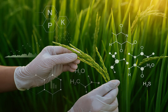 AI generated image of researcher hands in gloves analyzing rice plant in green field with chemical symbols molecular structures and scientific data overlay for precision agriculture and biotech