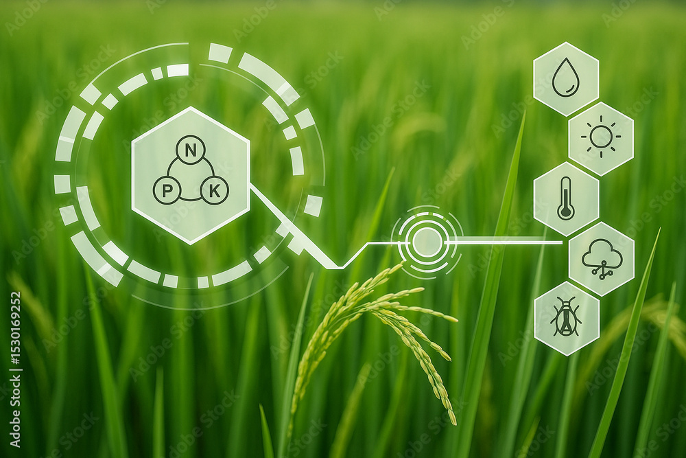 Poster ai generated image of a rice field with futuristic hud showing npk nutrients and icons of water sunl